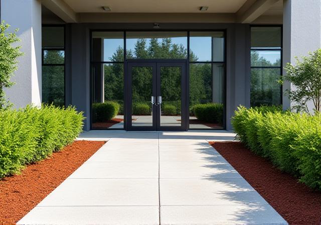 Clean commercial entrance landscaping with fresh mulch